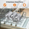 Three removable food-grade stainless steel pans in a dishwasher, designed for the Electric Buffet Server Food Warmer.