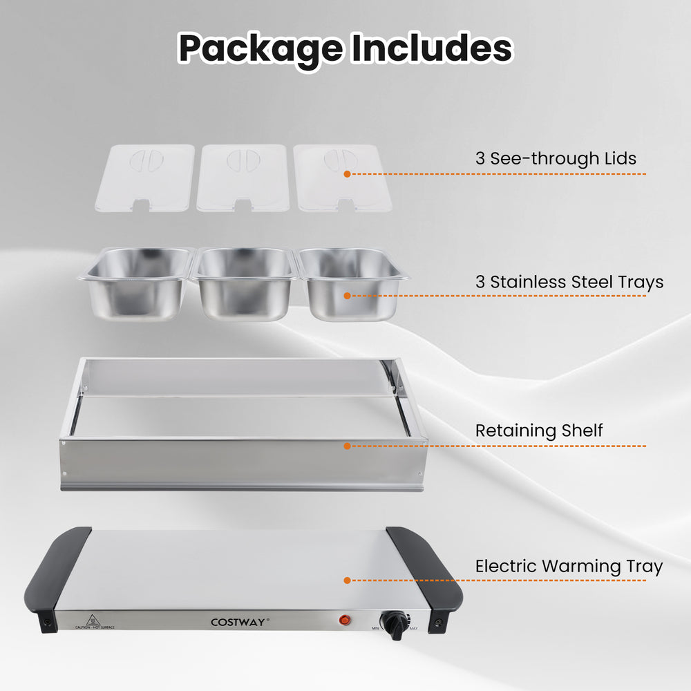 Electric buffet server food warmer with 3 stainless steel trays, see-through lids, and adjustable temperature for easy.