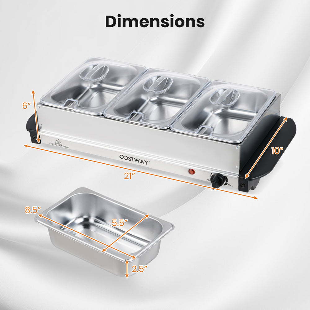 Electric buffet server food warmer with three removable stainless steel trays, adjustable temperature, and see-through.