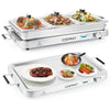 Single electric warming tray with temperature control, featuring durable stainless steel and a spacious 8 qt capacity.