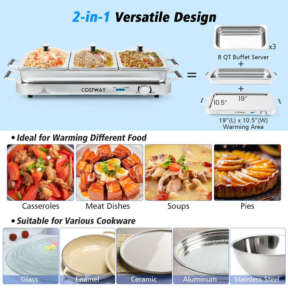Electric warming tray with three 8 qt serving trays, stainless steel design, ideal for keeping food warm efficiently.
