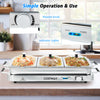 Electric warming tray with three 8 qt serving trays, stainless steel design, and temperature control for efficient food.