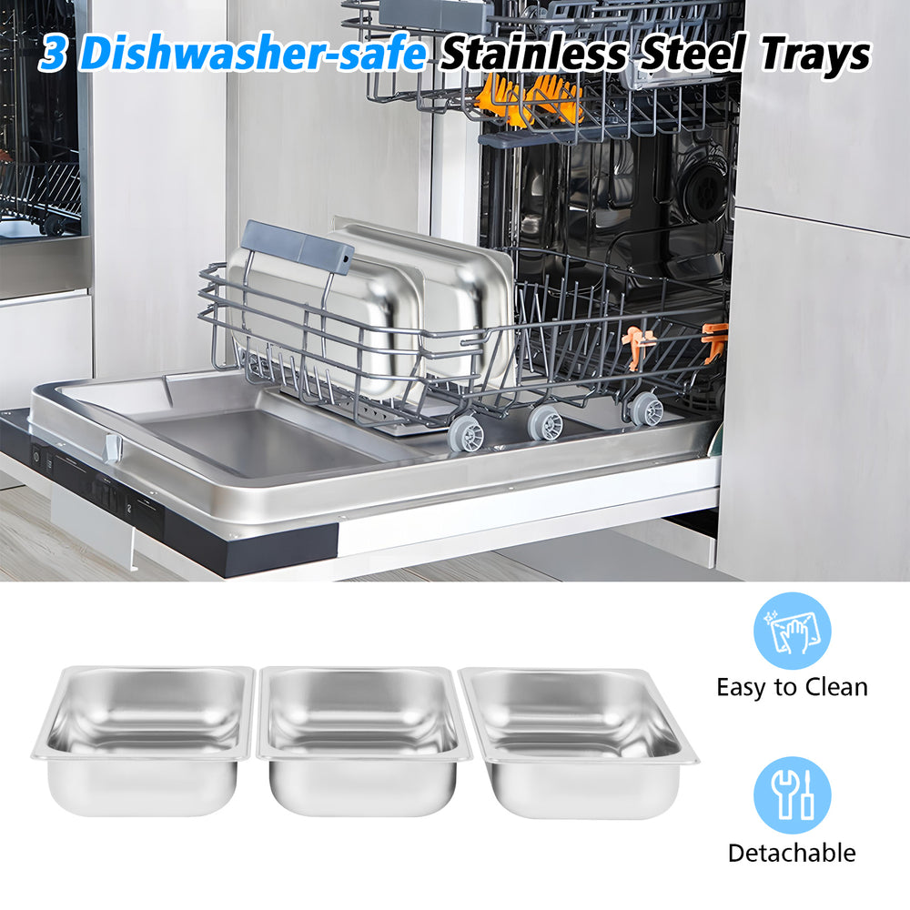 Dishwasher-safe stainless steel serving trays for 2 in 1 electric warming tray, easy to clean and durable.