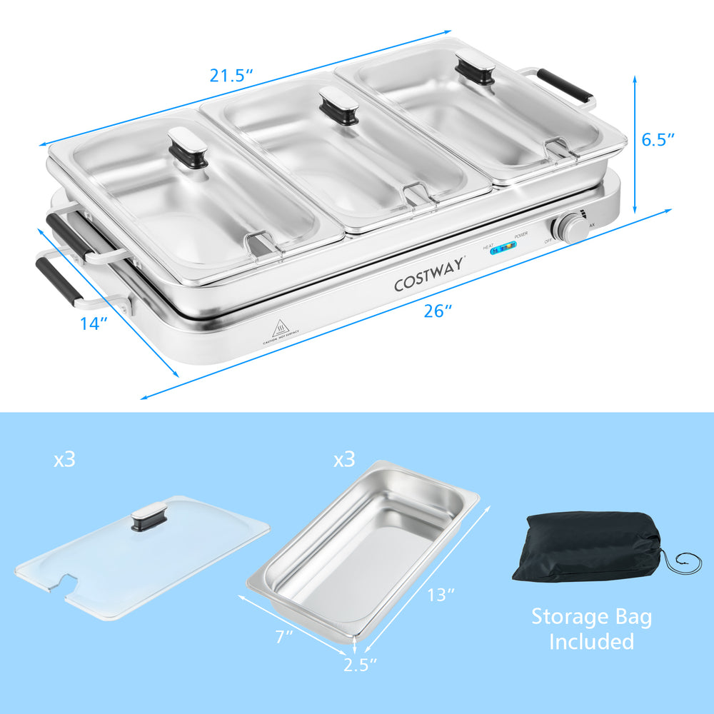 Electric warming tray with three stainless steel serving trays, 8 qt capacity, and temperature control for efficient.