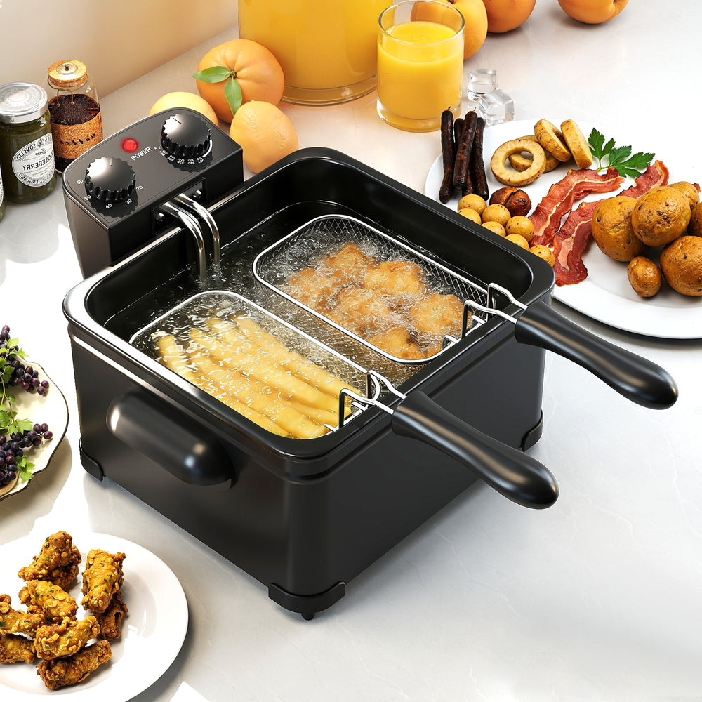 Electric deep fryer with triple basket, 5.3QT capacity, stainless steel, ideal for frying fries and chicken.