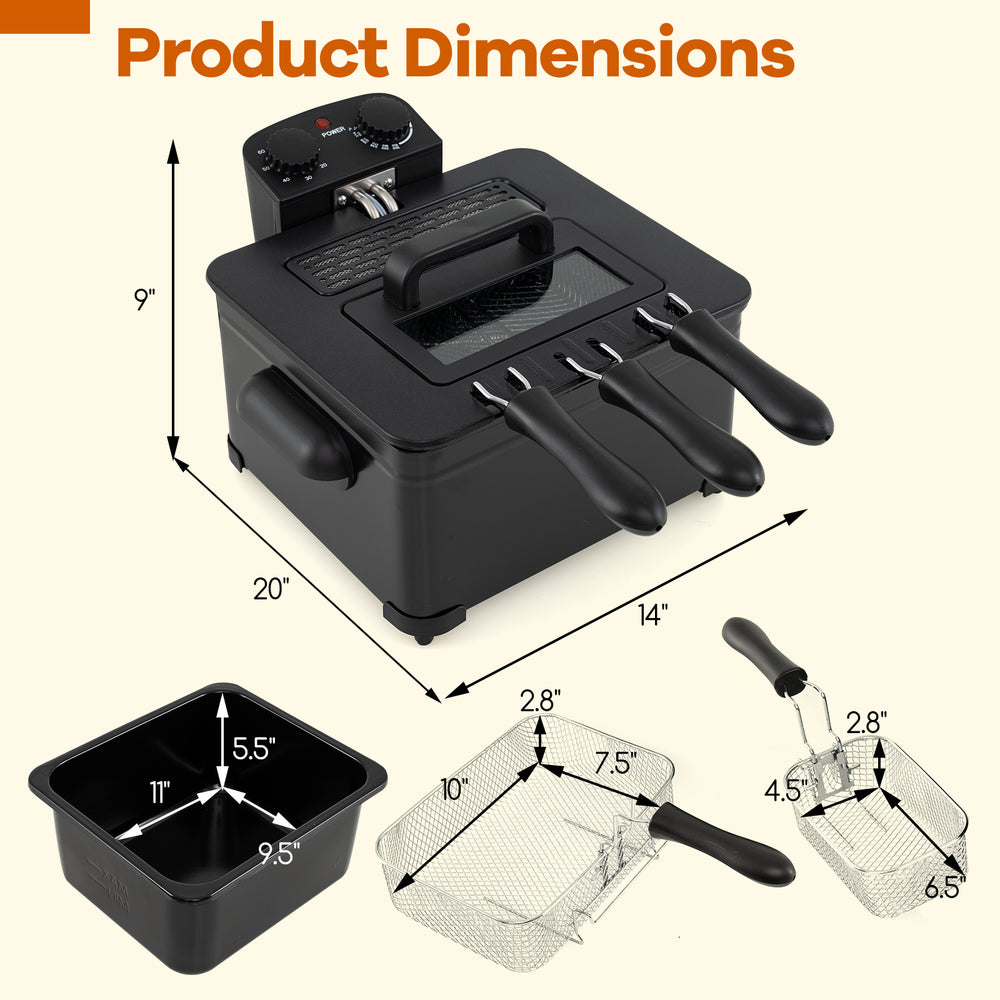 Electric deep fryer with triple basket, 5.3QT capacity, 1700W power, and temperature control for versatile frying.