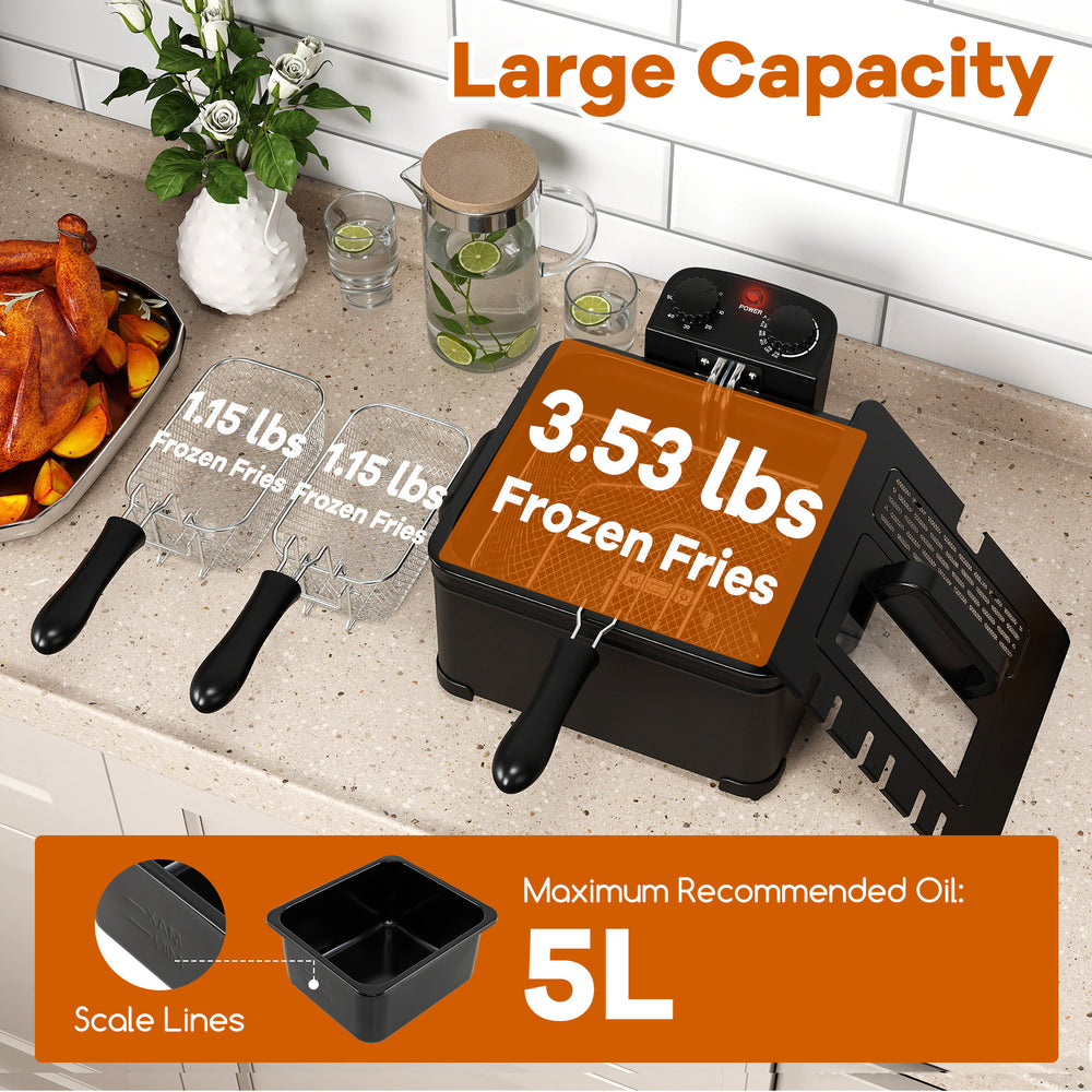 Electric deep fryer with 5.3QT capacity, triple basket, and stainless steel design, ideal for frying various foods.
