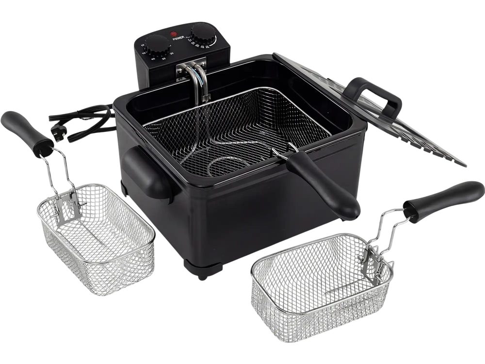 Electric deep fryer with three baskets, 5.3QT capacity, stainless steel, and temperature control for frying various.