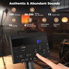 Electric drum set control panel showcasing adjustable volume, 150 timbres, and 15 drum kits for versatile music.