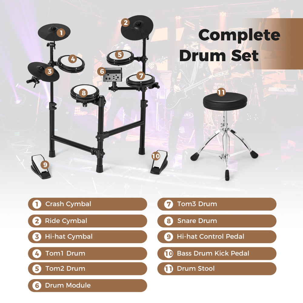 Electric drum set with double-layer mesh pads, silicone cymbals, and adjustable stool for beginner drummers.