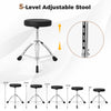Adjustable padded stool for electric drum set, featuring a chrome base and five height levels for comfort during.