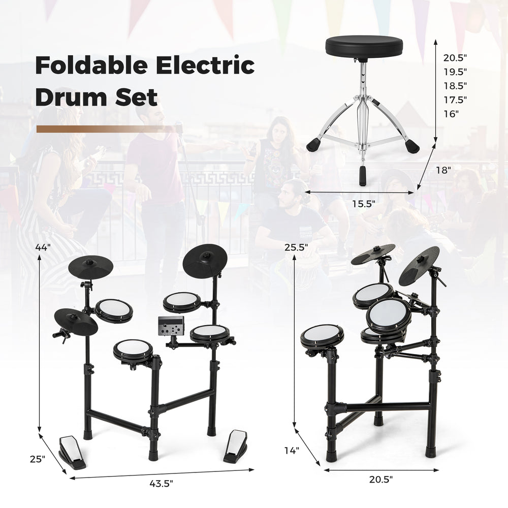 Foldable electric drum set with adjustable stool, featuring double-layer mesh pads and USB MIDI for versatile practice.