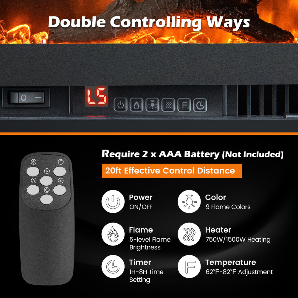 Electric fireplace remote control with LED display, adjustable flame colors, and brightness for customizable heating.