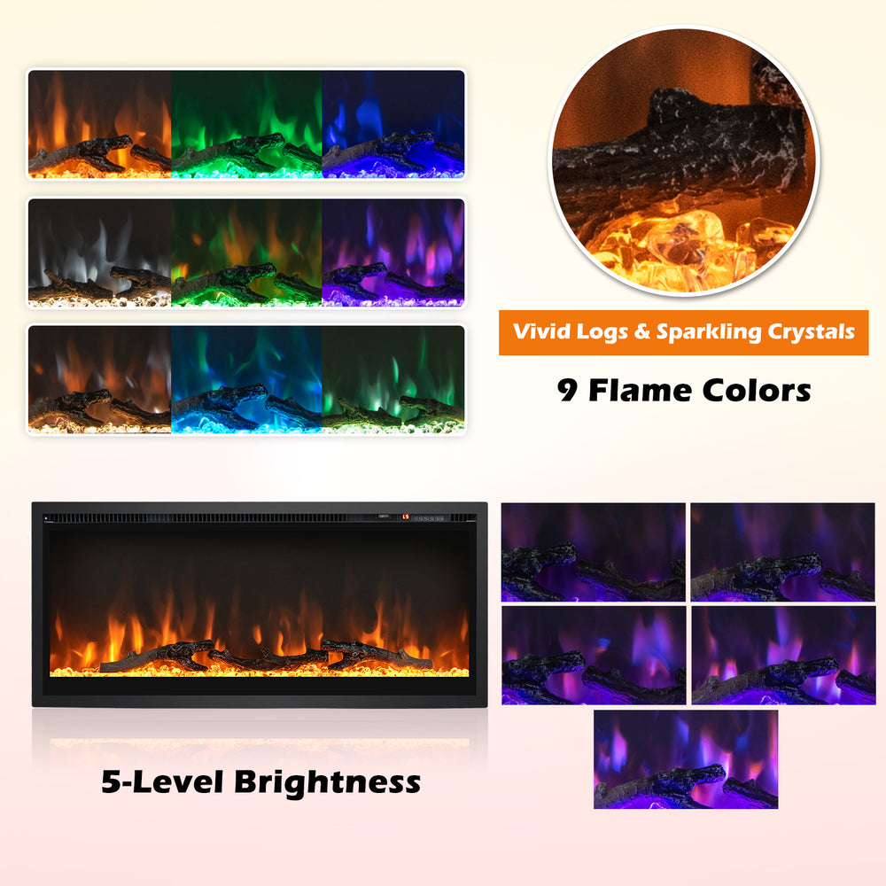 Electric fireplace with adjustable color and brightness, featuring 9 flame colors and lifelike logs for cozy ambiance.