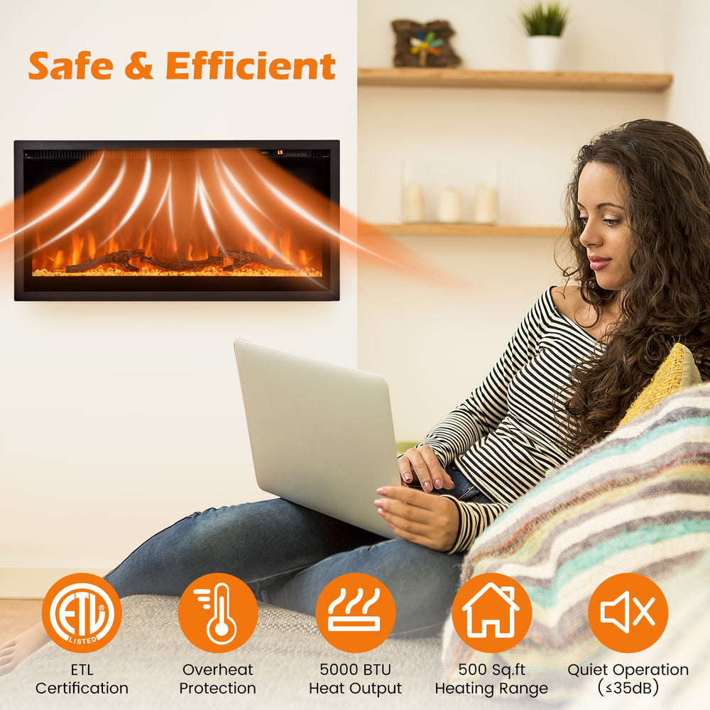 Electric fireplace with remote control, 5000 BTU heat output, adjustable flame colors, perfect for cozy indoor spaces.