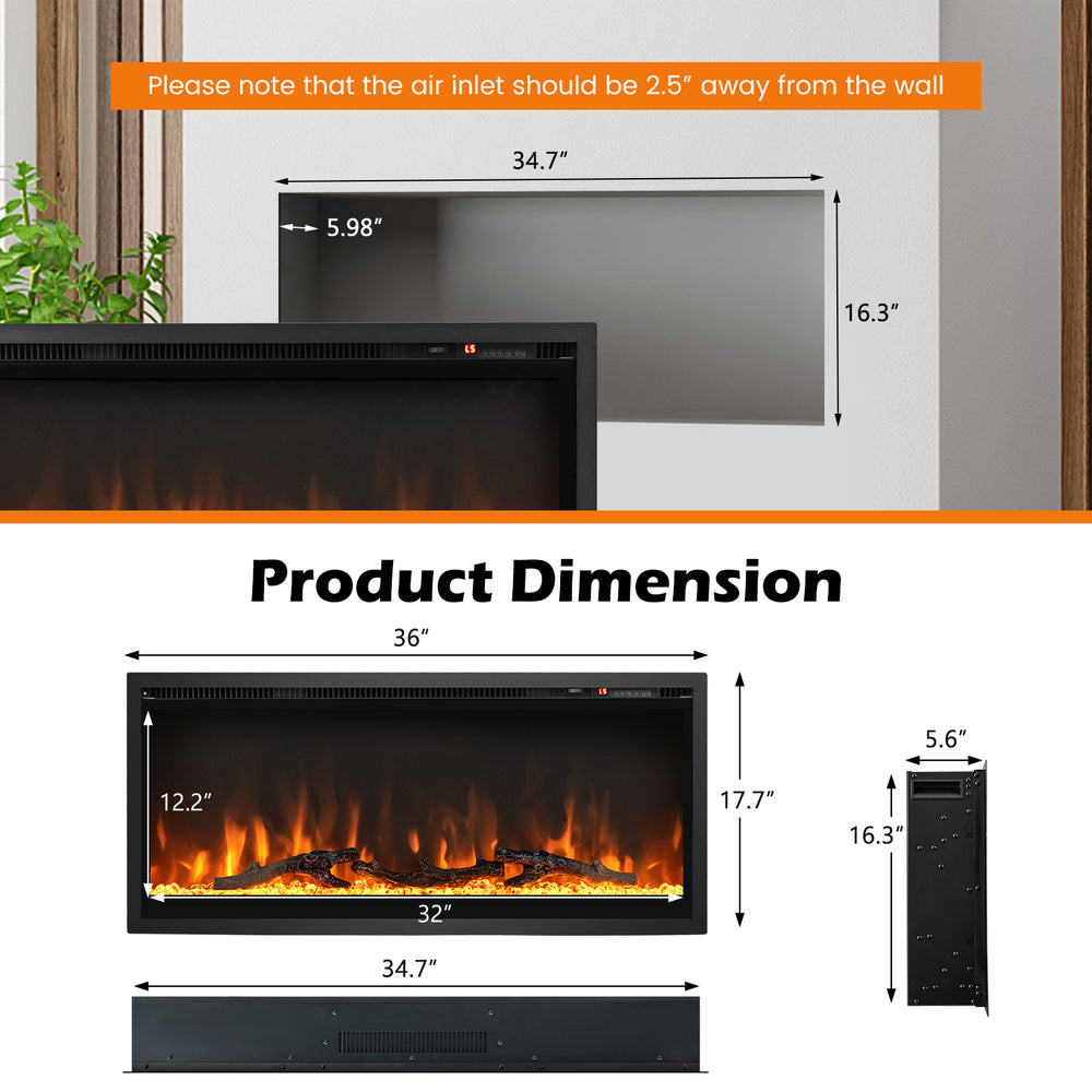 Electric fireplace in-wall recessed design, 36 inches, featuring adjustable flame colors and remote control for cozy.