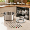 Stainless steel 1200W electric fondue pot set with removable pot, 6 color-coded forks, and dishwasher-safe components.