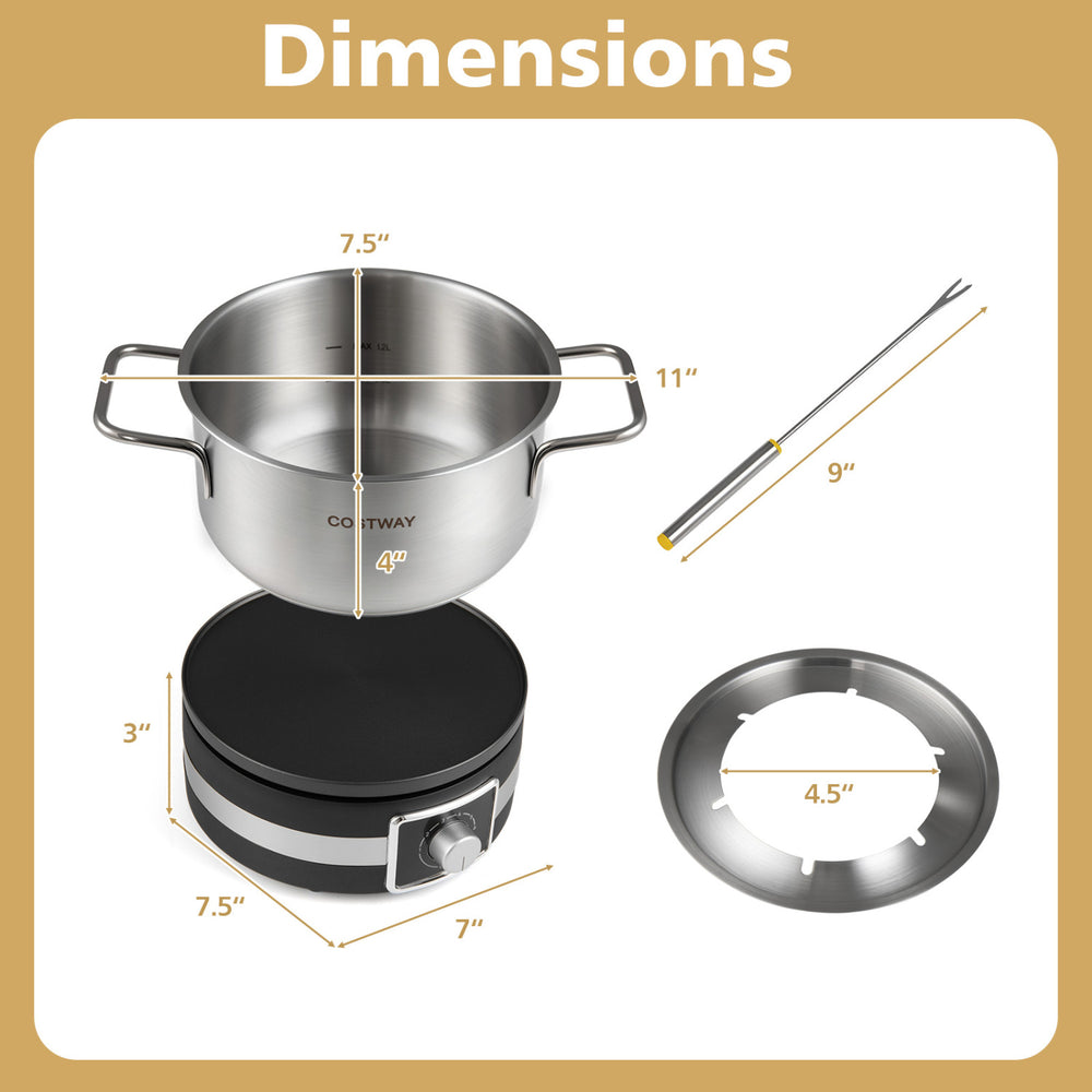 Stainless steel 2.61-quart fondue pot set with 1200W base, 6 forks, and built-in thermostat for easy entertaining.