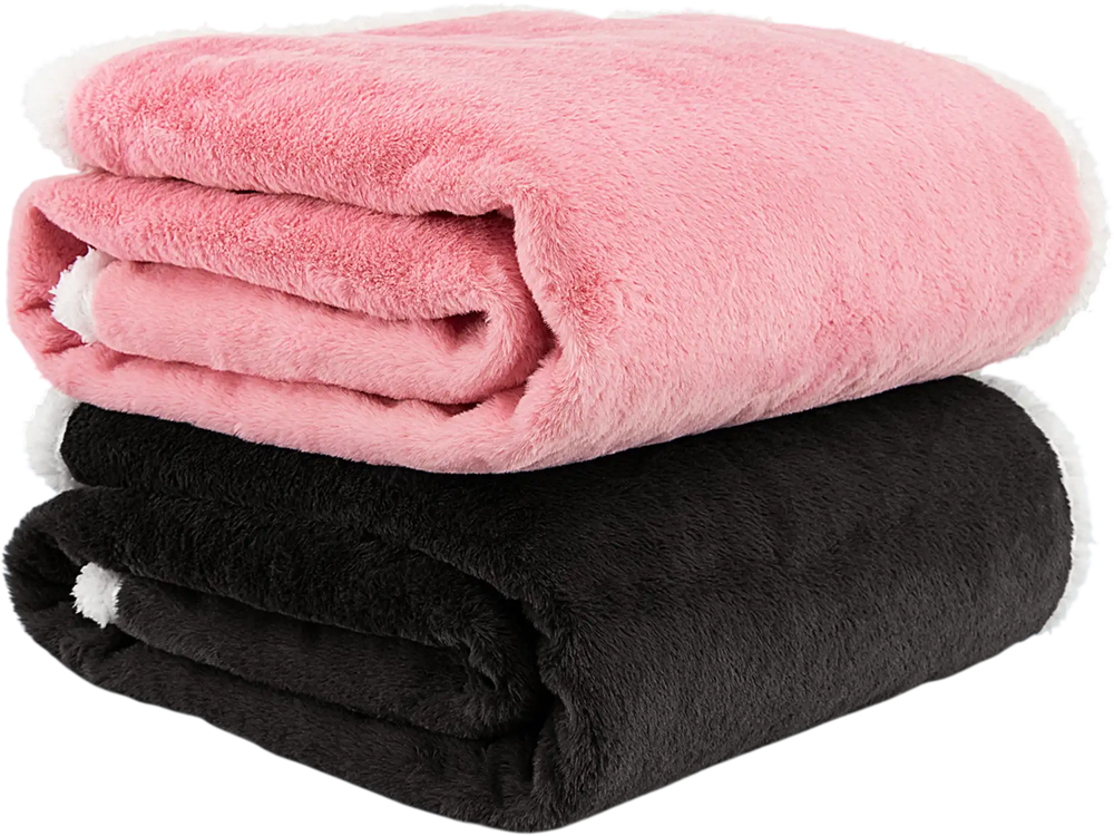 Soft pink and black electric heated blanket throw with sherpa fleece, featuring 10 heat settings for cozy comfort.