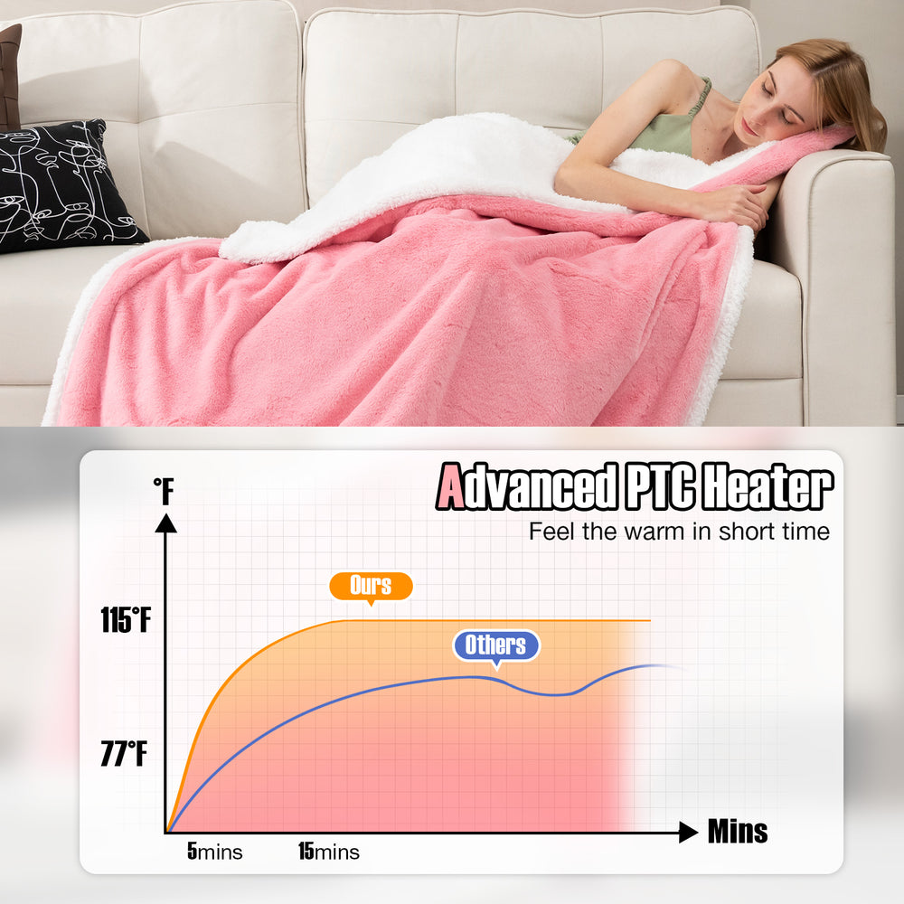 Electric heated blanket throw in pink with sherpa fleece, featuring 10 heat settings for cozy comfort on the couch.