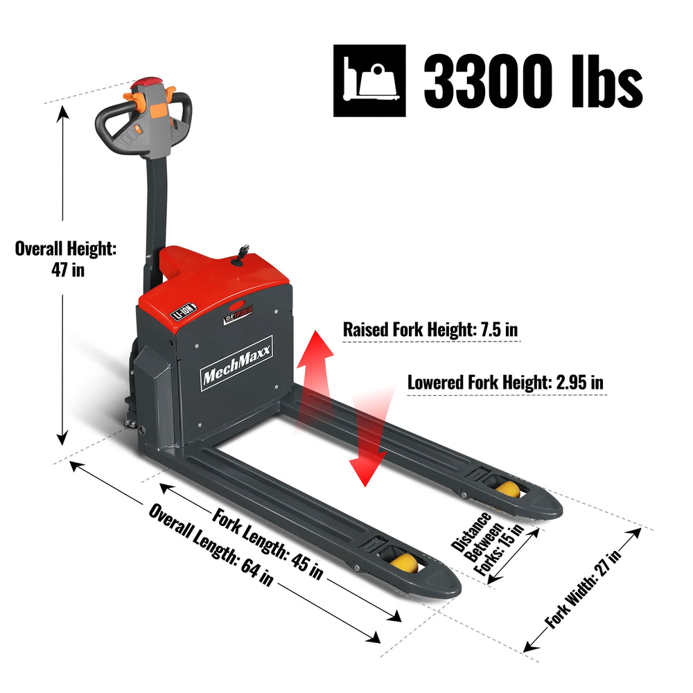 3300lbs Lithium-ion Electric Pallet Jack,  45"x27" Fork,  24V 40Ah Battery,  Walkie Type Truck,  EPT33