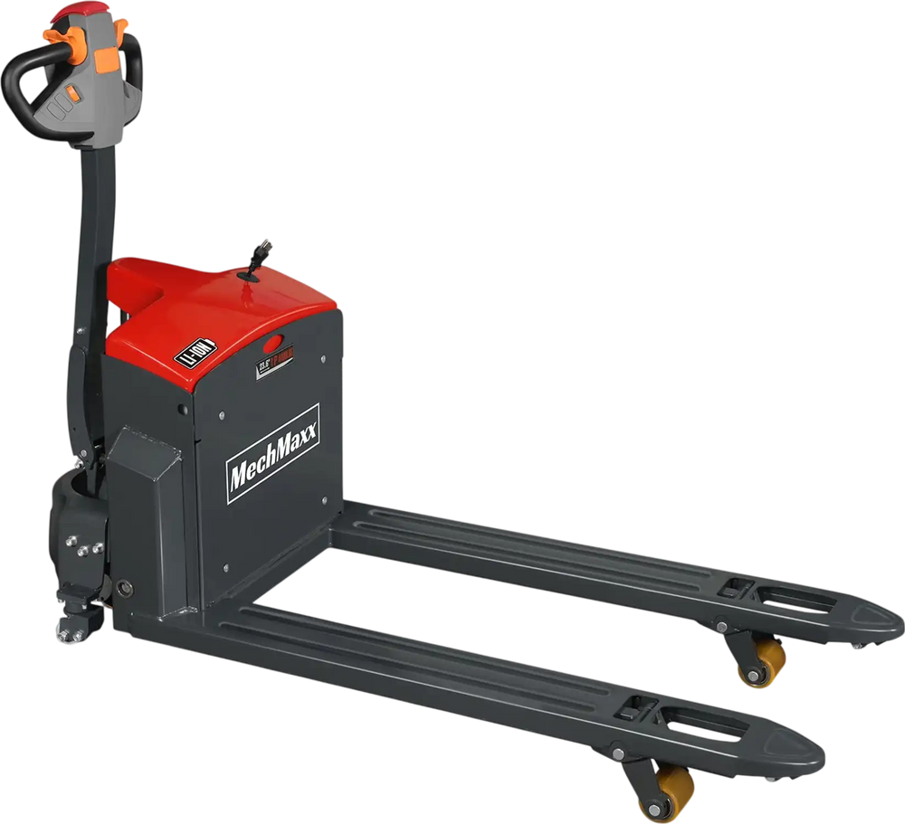 side profile with forks facing of black electric pallet jack with red accents