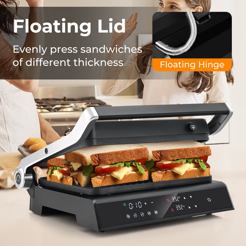 3 in 1 indoor electric panini press grill with floating lid, LED display, and non-stick plates for versatile cooking.