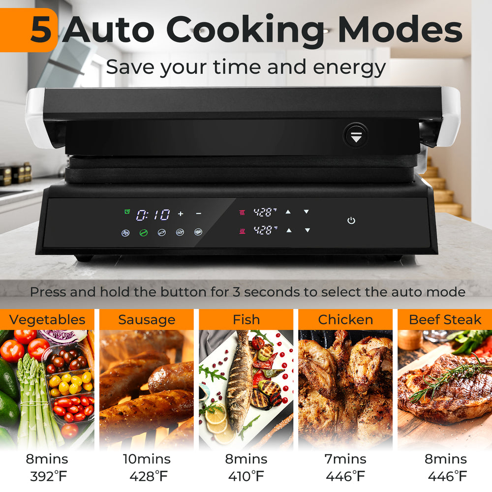 3 in 1 Indoor Electric Panini Press Grill with LED display, featuring 5 auto cooking modes for versatile meal.