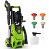 Electric pressure washer in green with 4 quick connect nozzles and foam cannon for efficient cleaning tasks.