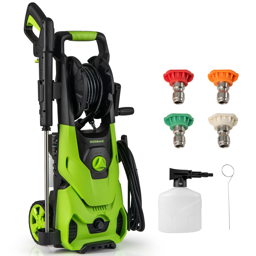 Electric pressure washer in green with 4 quick connect nozzles and foam cannon for efficient cleaning tasks.