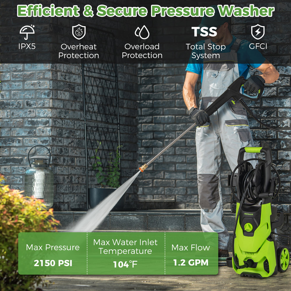 Electric pressure washer with 2150 PSI, 1.2 GPM flow, and 4 quick connect nozzles for efficient cleaning tasks.