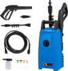 Electric pressure washer in blue with spray gun, hose, and 4 quick connect nozzles for versatile cleaning tasks.