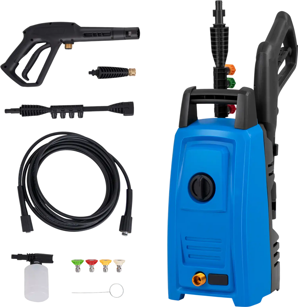 Electric pressure washer in blue with spray gun, hose, and 4 quick connect nozzles for versatile cleaning tasks.