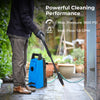 Electric pressure washer in blue with 1900 PSI, 1.8 GPM, and quick connect nozzles for efficient outdoor cleaning.