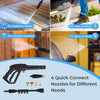 Electric pressure washer with 4 quick connect nozzles, ideal for stubborn stains, hard, wooden, and glass surfaces.