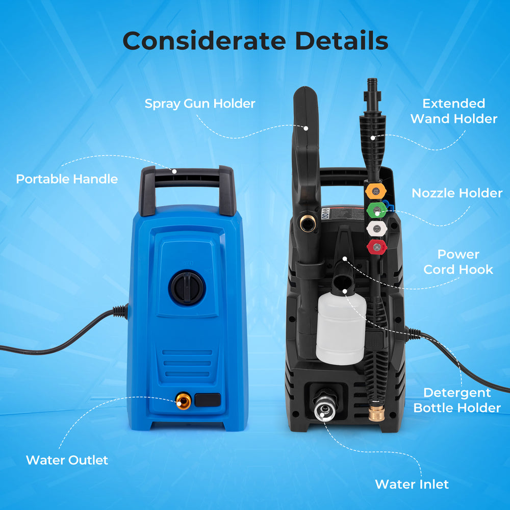 Electric pressure washer features a portable handle, nozzle holder, and detergent bottle holder for easy use and.