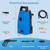 Electric pressure washer in blue with detergent bottle, high pressure hose, and four quick connect nozzles for.