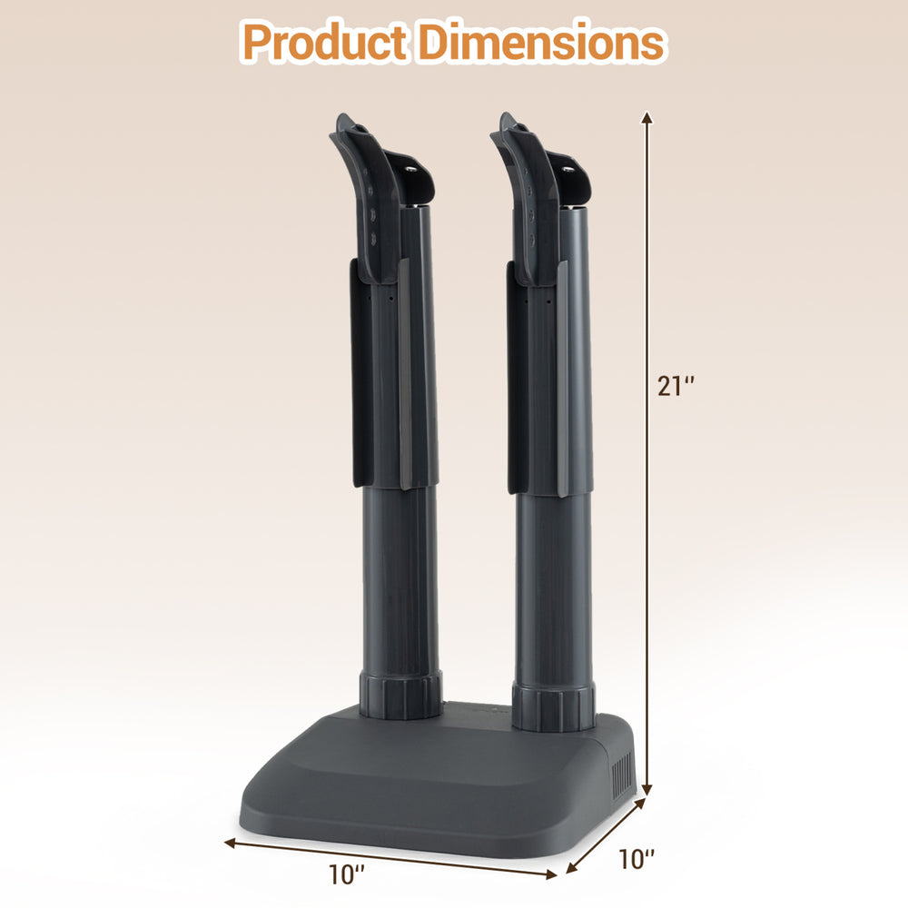 Electric Shoe Dryer Mighty Boot Warmer with two removable drying tubes, measuring 21" tall and 10" wide, for efficient drying.