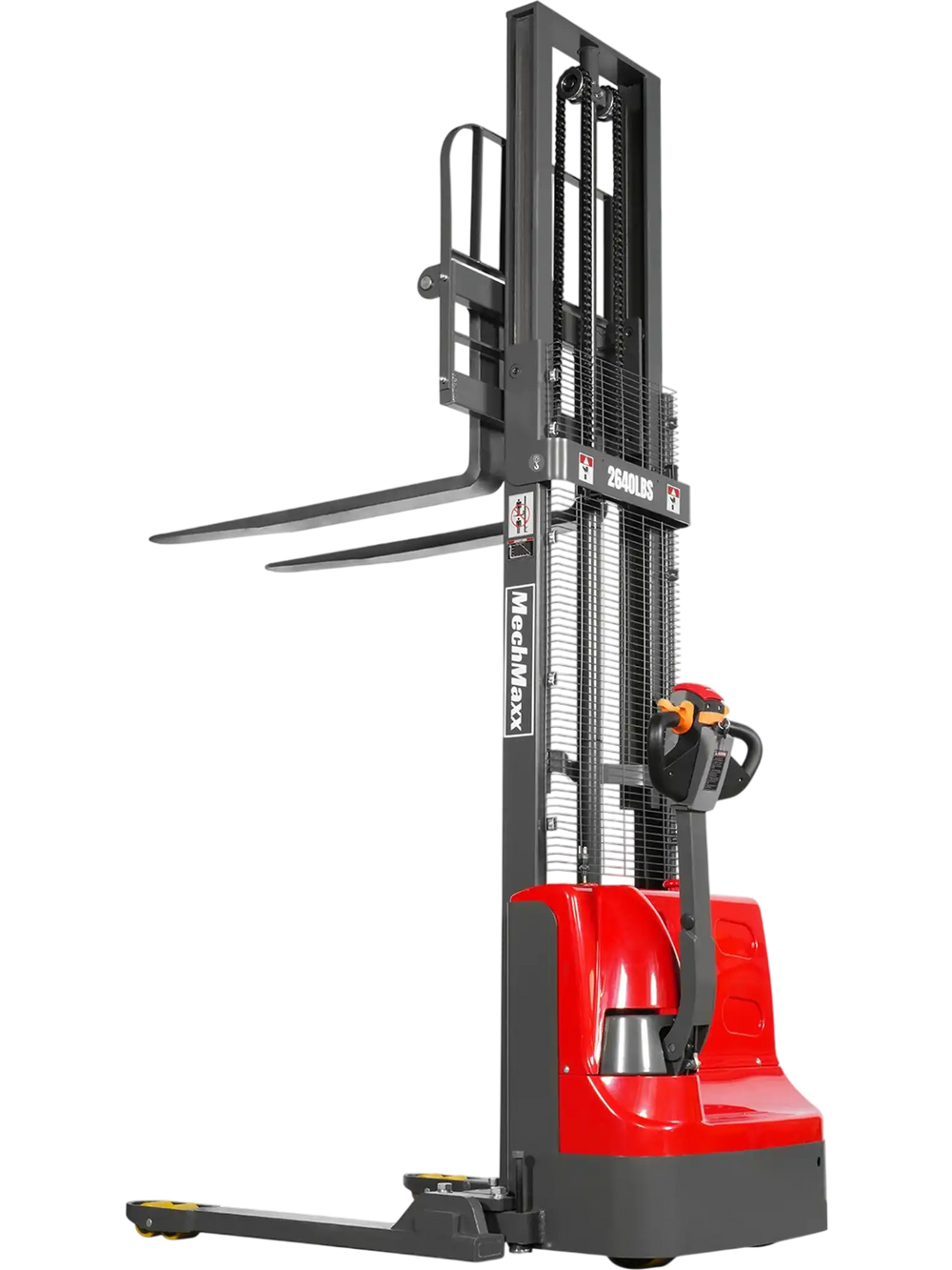 fully extended red semi-electric straddle stacker facing the back at a fourty-five degree angle