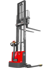 red semi-electric straddle stacker facing the back at a fourty-five degree angle