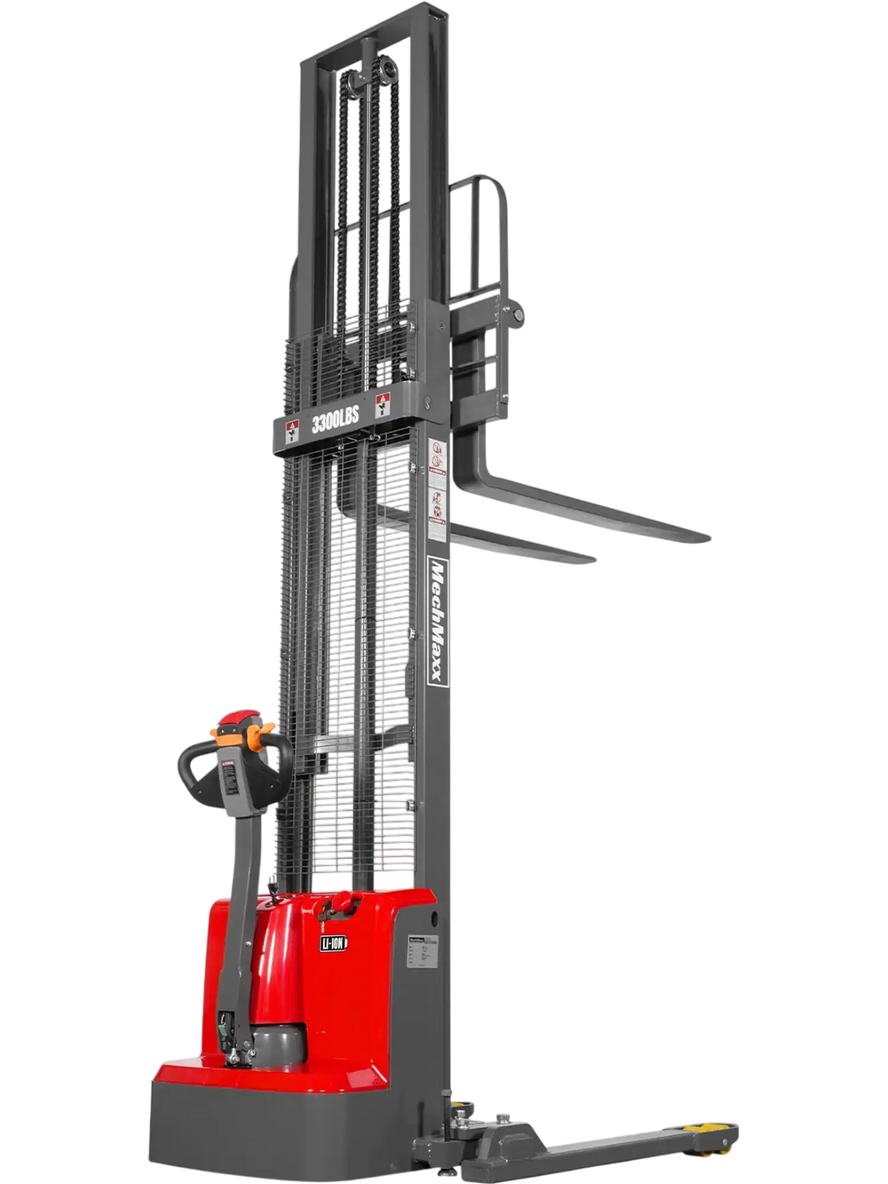 red semi-electric straddle stacker facing the back at a fourty-five degree angle