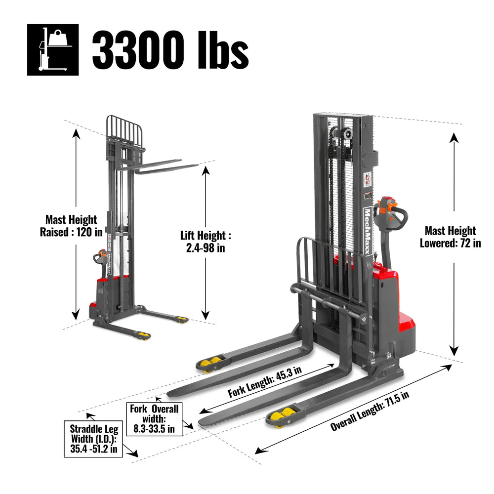 3300lbs Electric Straddle Stacker,  98" Lift,  Adjustable Legs & Forks,  F33-98SLA