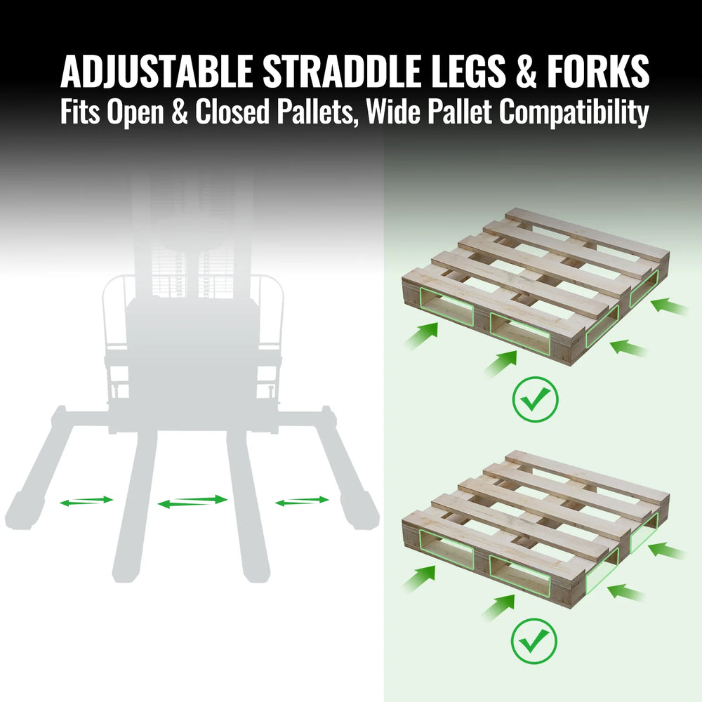 3300lbs Electric Straddle Stacker,  118" Lift,  Adjustable Legs & Forks,  F33-118SLA