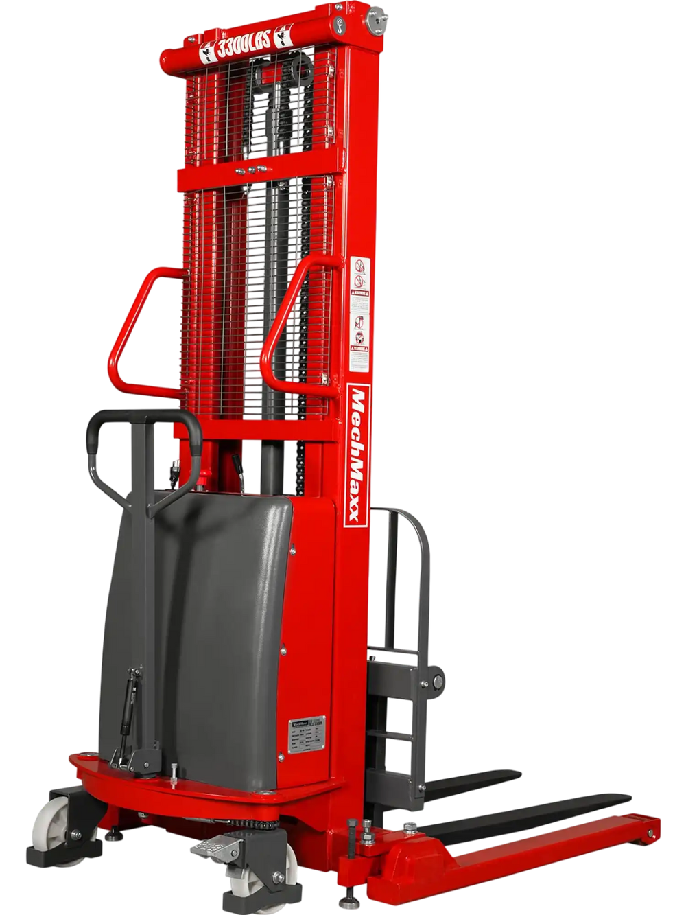 red semi-electric straddle stacker facing the back at a fourty-five degree angle