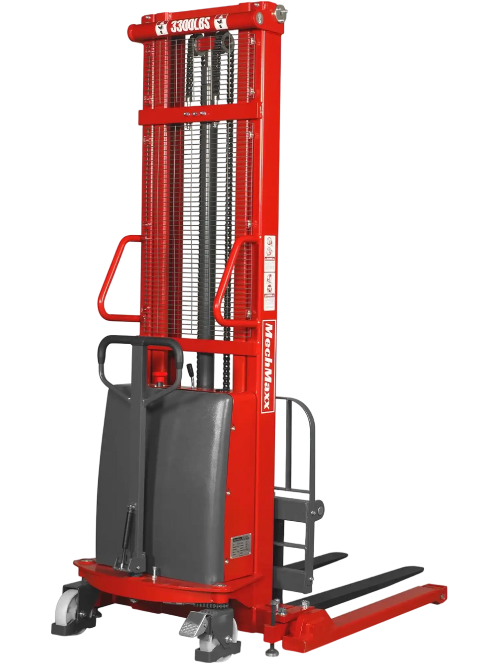red semi-electric straddle stacker facing the back at a fourty-five degree angle.
