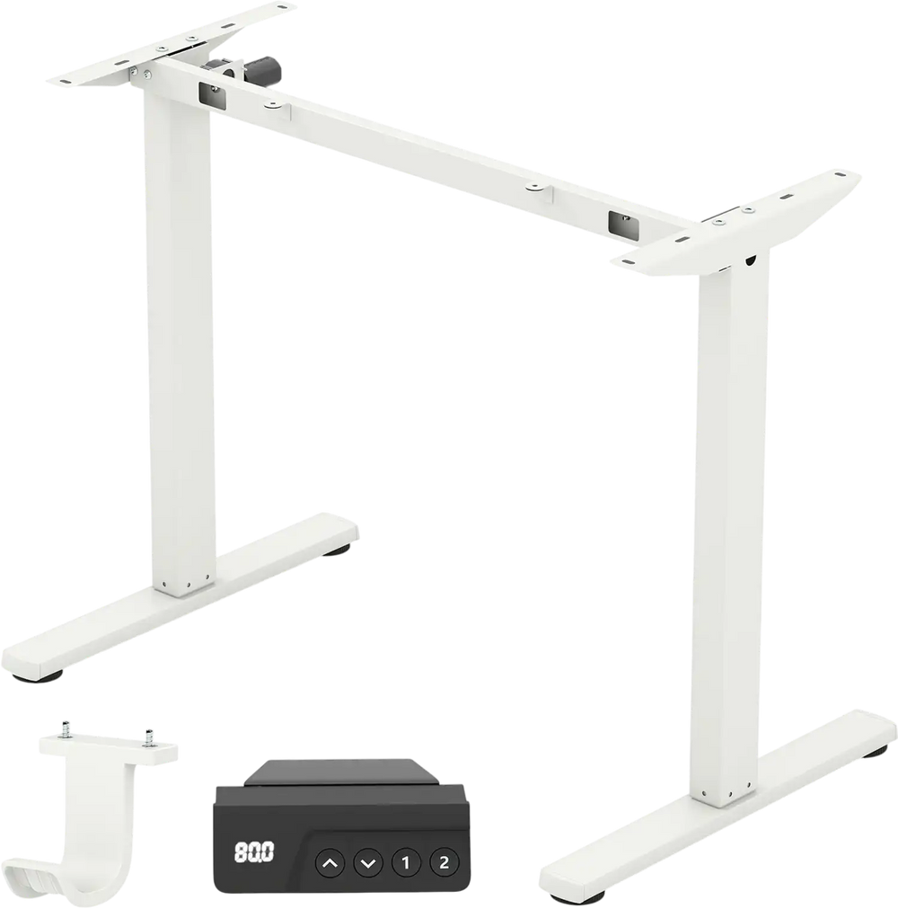 Height adjustable electric standing desk frame in white with LED display and memory positions for ergonomic use.