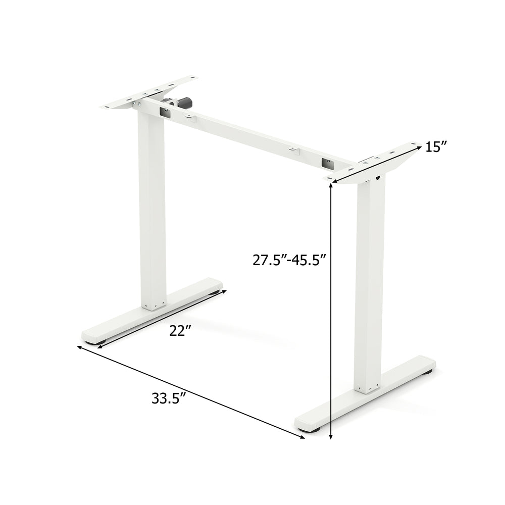 Height adjustable electric standing desk frame in white, with dimensions 27.5"-45.5" for ergonomic use.