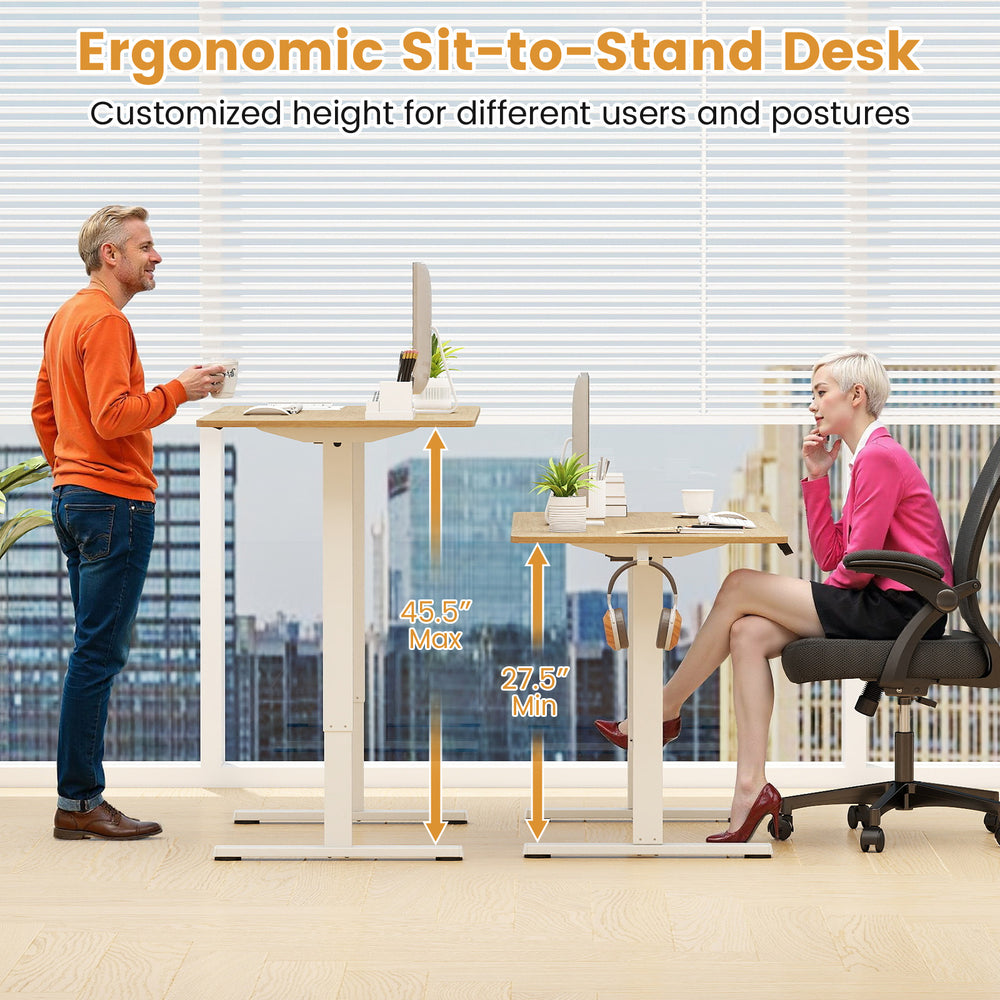 Height adjustable electric standing desk frame in white, showcasing ergonomic design with LED display for customized.