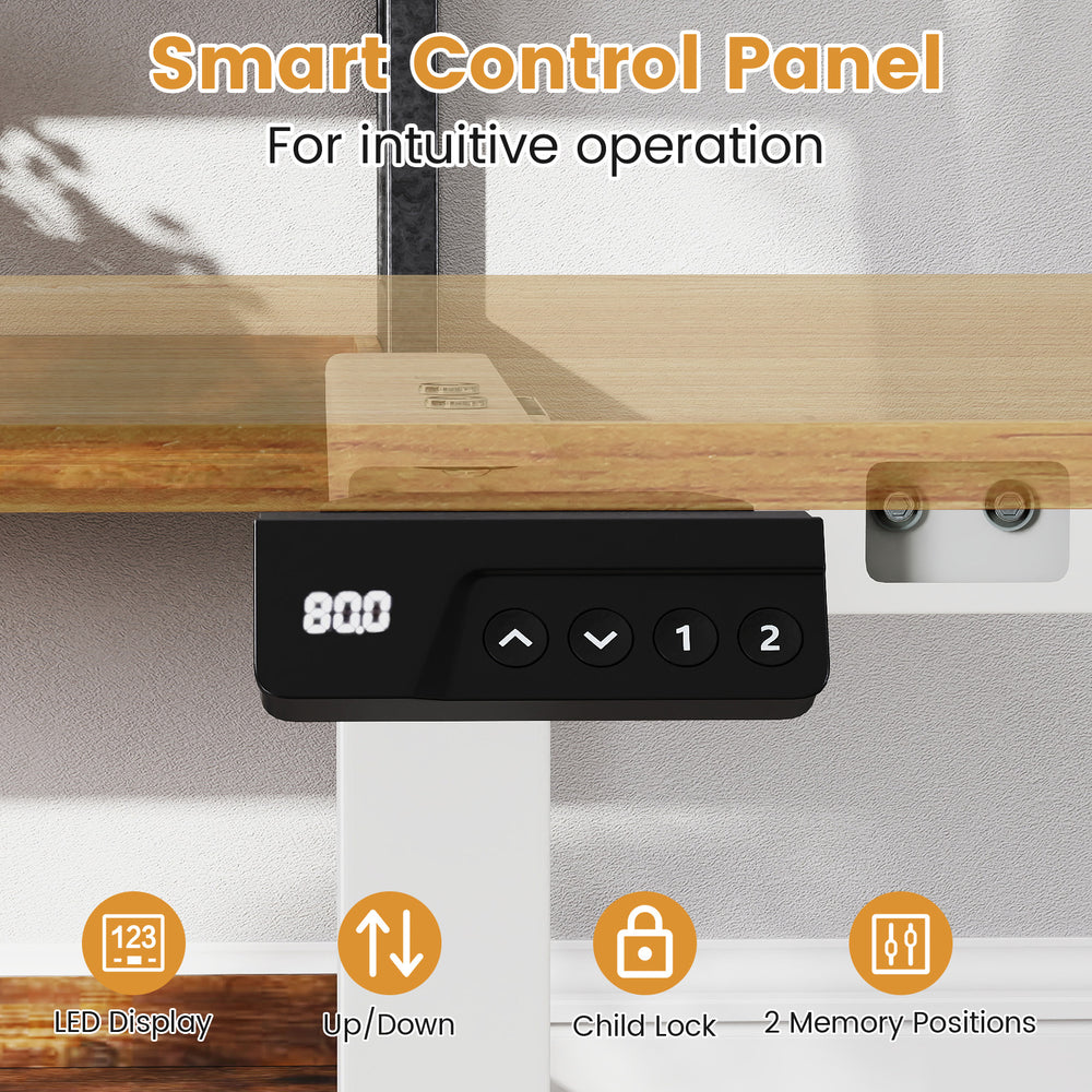 Smart control panel of the electric standing desk frame with LED display, featuring child lock and memory positions for.