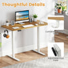 Electric standing desk frame with adjustable foot pads and convenient hanging hook for ergonomic workspace organization.